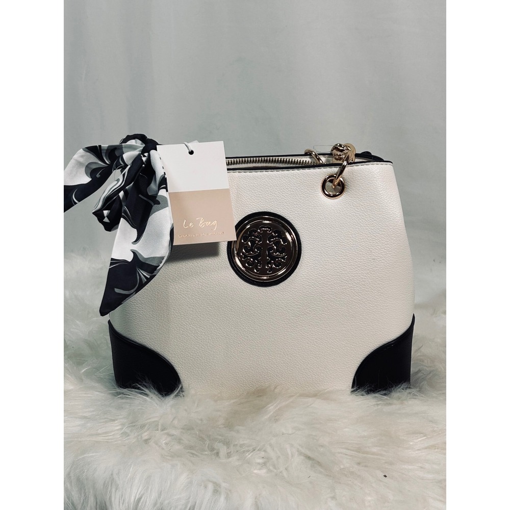 Le Bag Los Angeles Cream Black Colorblock Satchel Handbag with Scarf Gold Chain